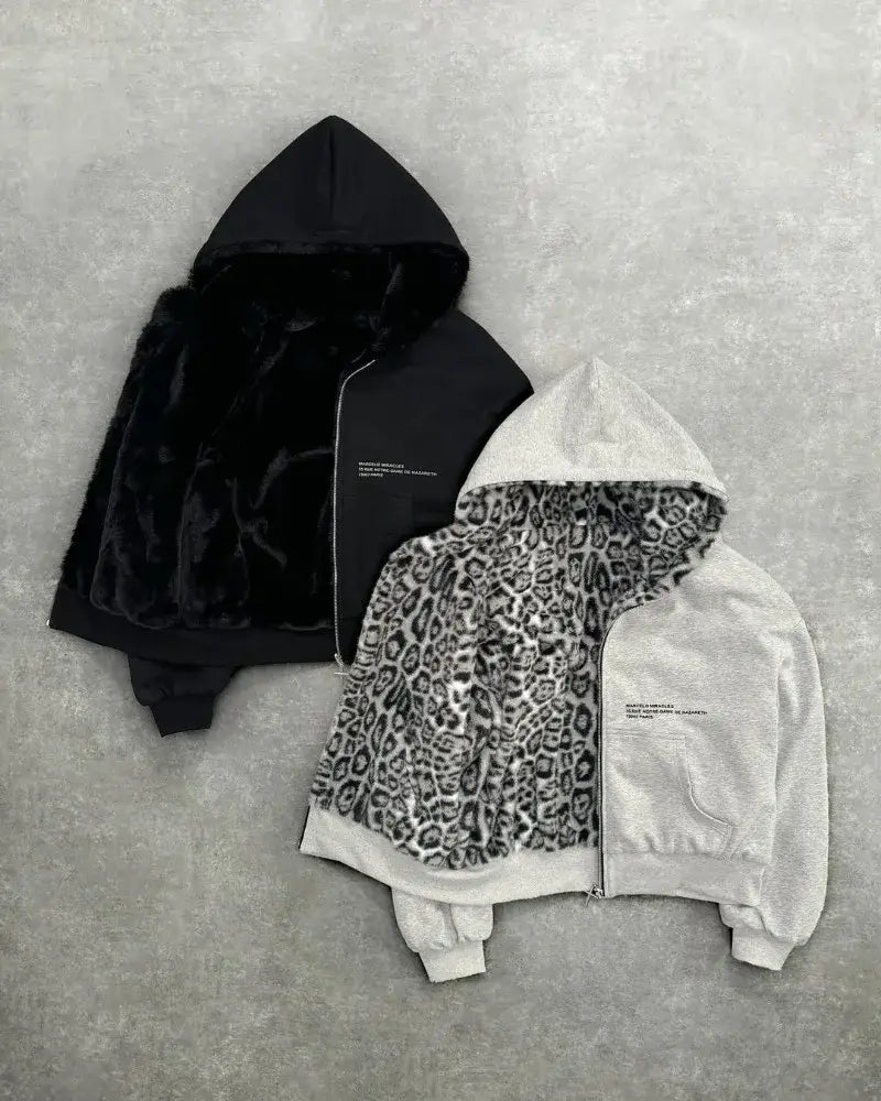 Hip-hop New Two-sided Clothing Harajuku Retro Leopard Print Fashionable Loose Zipper Hoodie Men Street Casual Sweatshirt Women