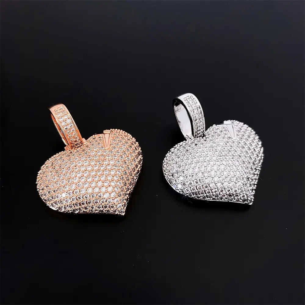 Hiphop Iced Bling 5A Zircon Heart Pendant 14K Gold Plated Rapper Jewelry Cubic Zirconia Love Charm Pendant with Steel Chain 24in