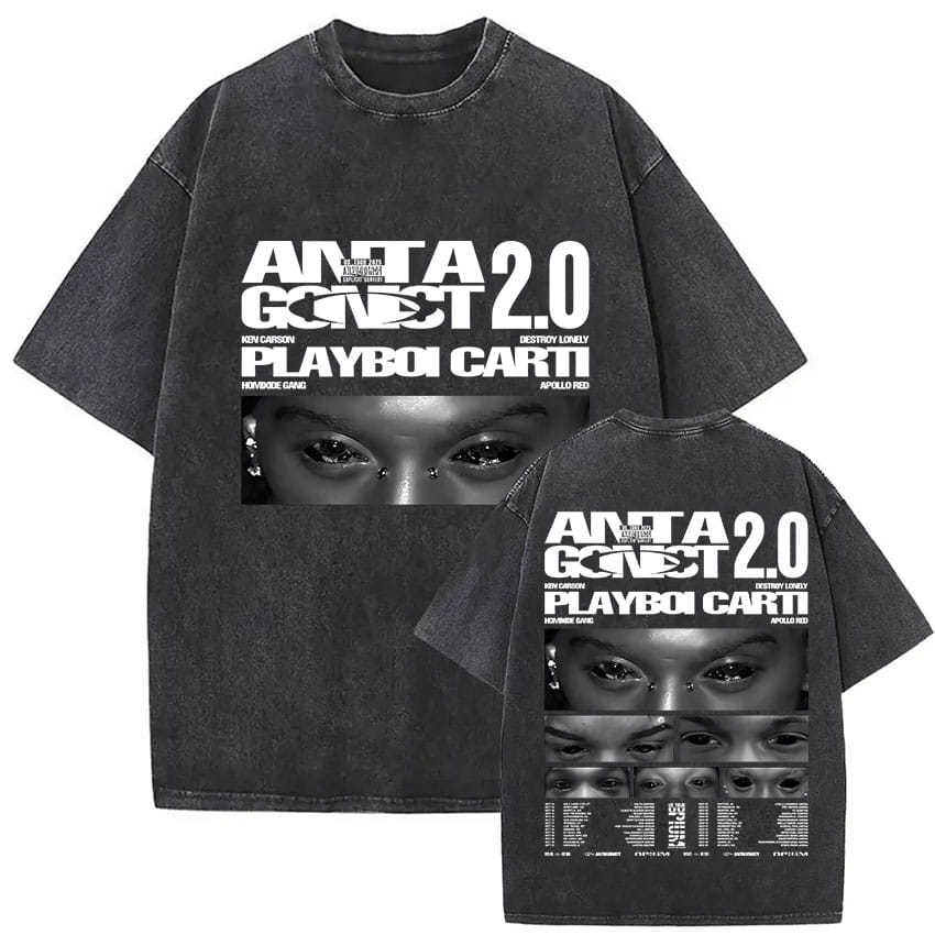 Rapper PLAYBOI CARTI ANTAGONIST Tour 2025 Merch T-Shirt Men’s Gothic Hip Hop Short Sleeve T Shirt Vintage Washed Tees Streetwear