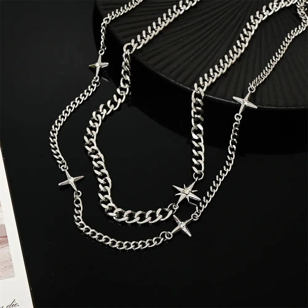 Hip Hop Double-layer Star Cross Necklace For Man Woman Titanium Steel Clavicle Chain Choker Punk Male Accessories Wholesale