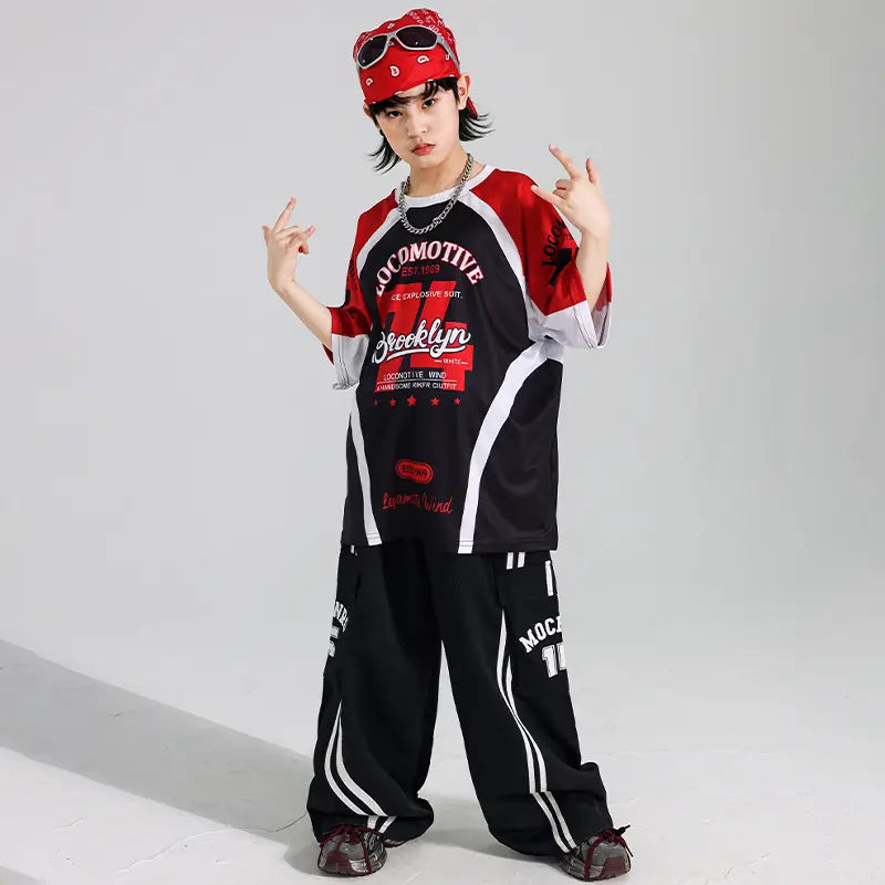 Hip Hop Boys Contrast T-shirt Red Vest Cargo Pants Girls K-pop Street Dance Clothes Sets Kids Jazz Costumes Children Streetwear