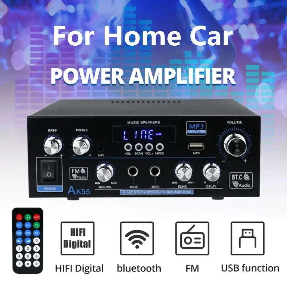 AK55 HiFi Digital Amplifier Channel 2.0 Bluetooth Surround Sound AMP Max Power 90Wx2 Speaker for Home Car BT 5.0 Audio AMP