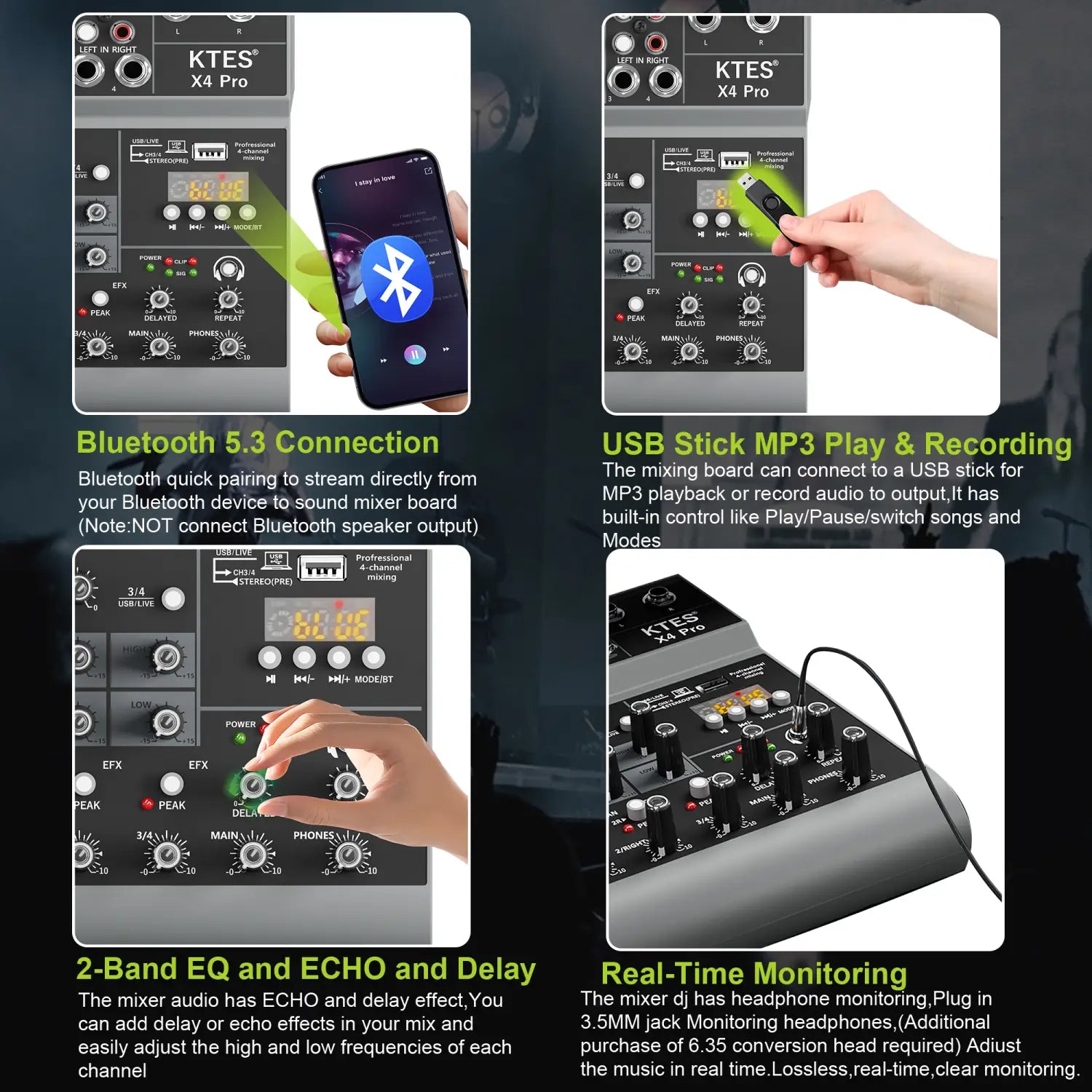 4-Channel Audio Mixer USB Audio Interface Sound Card with Bluetooth for Live Streaming Podcast Recording Home Studio