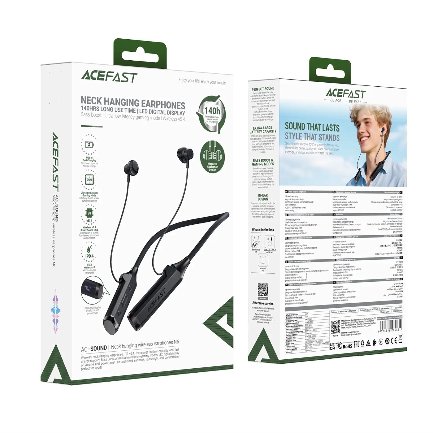 ACEFAST Bluetooth 5.4 Wireless Neckband Earphones 120H Music Time in-Ear Magnetic Sport Earbuds Game Low Latency Longtime Stand