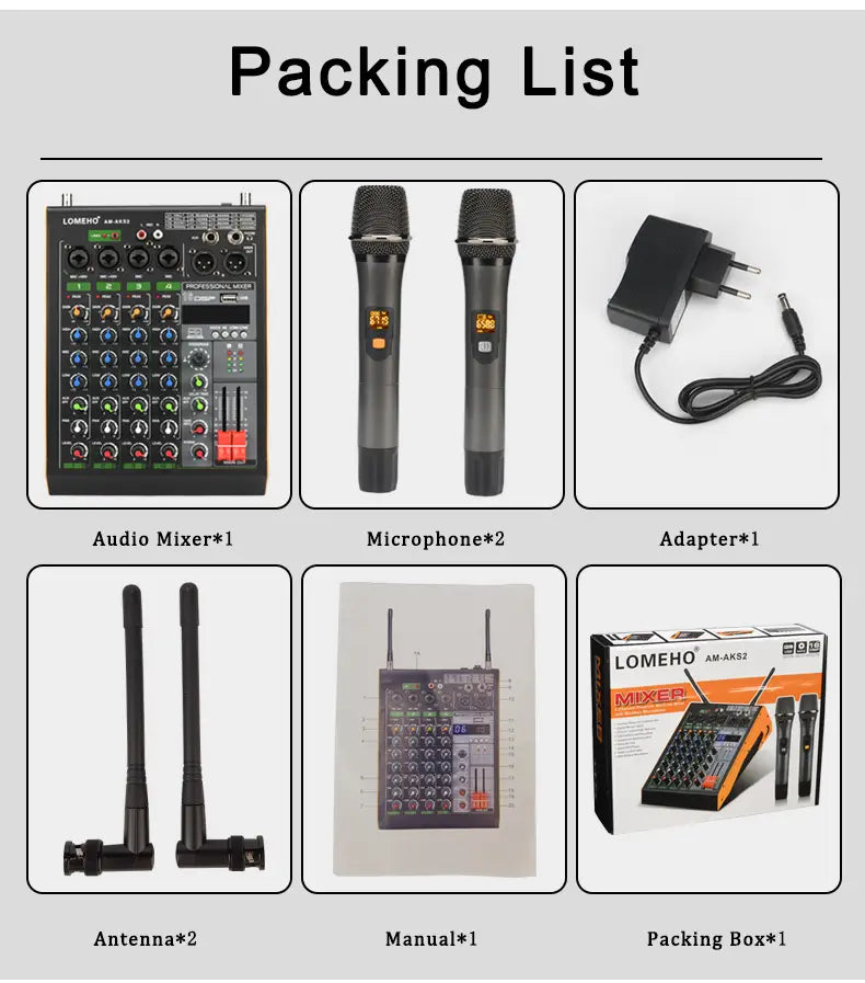 Professional 4 Channel Audio Mixer with UHF Wireless Microphone USB Bluetooth Karaoke System Sound Mixing Console LOMEHO AM-AKS2
