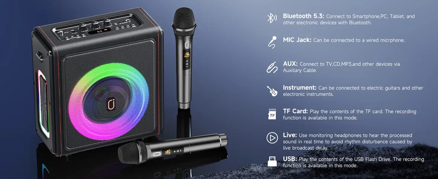 Karaoke Machine Portable Bluetooth 5.3 Speaker with 2 Wireless Microphones for Adults Supports TWS/TF Card/USB/AUX/Live