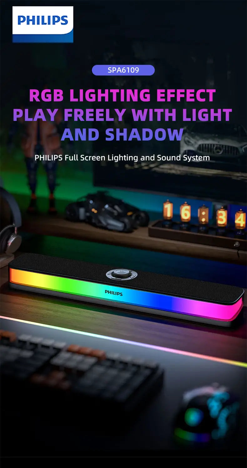 Philips SPA6109 Gaming Desktop Soundbar Full Screen RGB Noise Reduction Speaker with Mic Wired BT 5.3 Computer Sound System