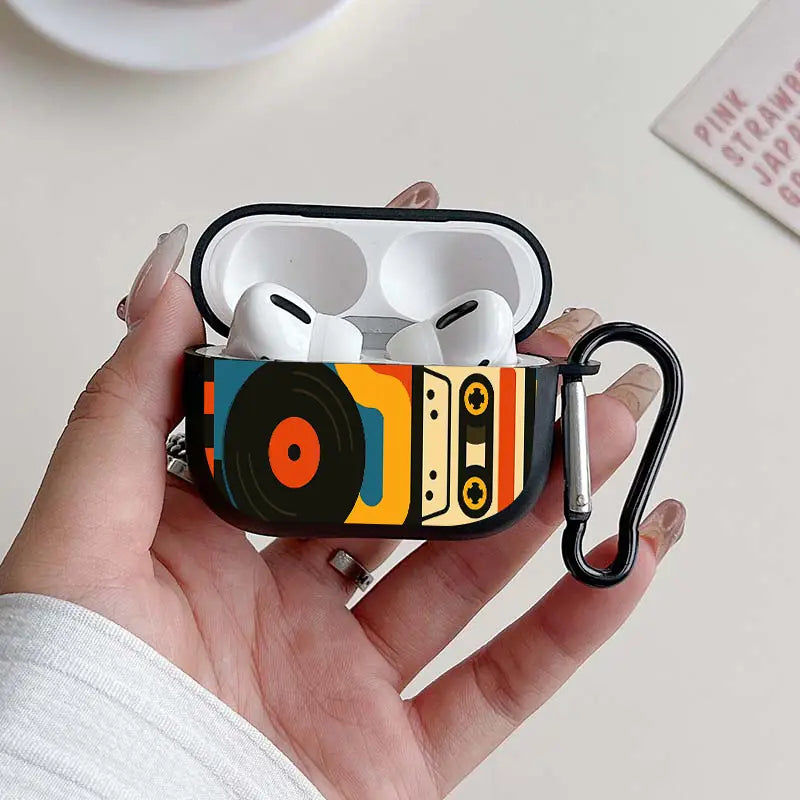 Trendy Retro Music Pattern Earbuds Case For AirPods 4/3/2/1 Case For AirPods Pro 3/Pro 2/Pro TPU Protective Cover with Keychain