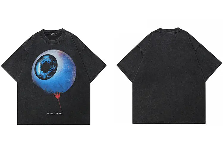 Hip Hop Retro Washed Black T-Shirt Streetwear Big Eyeball Graphic T Shirt Cotton Unisex Tshirt Men Tops Tees Dope Y2K