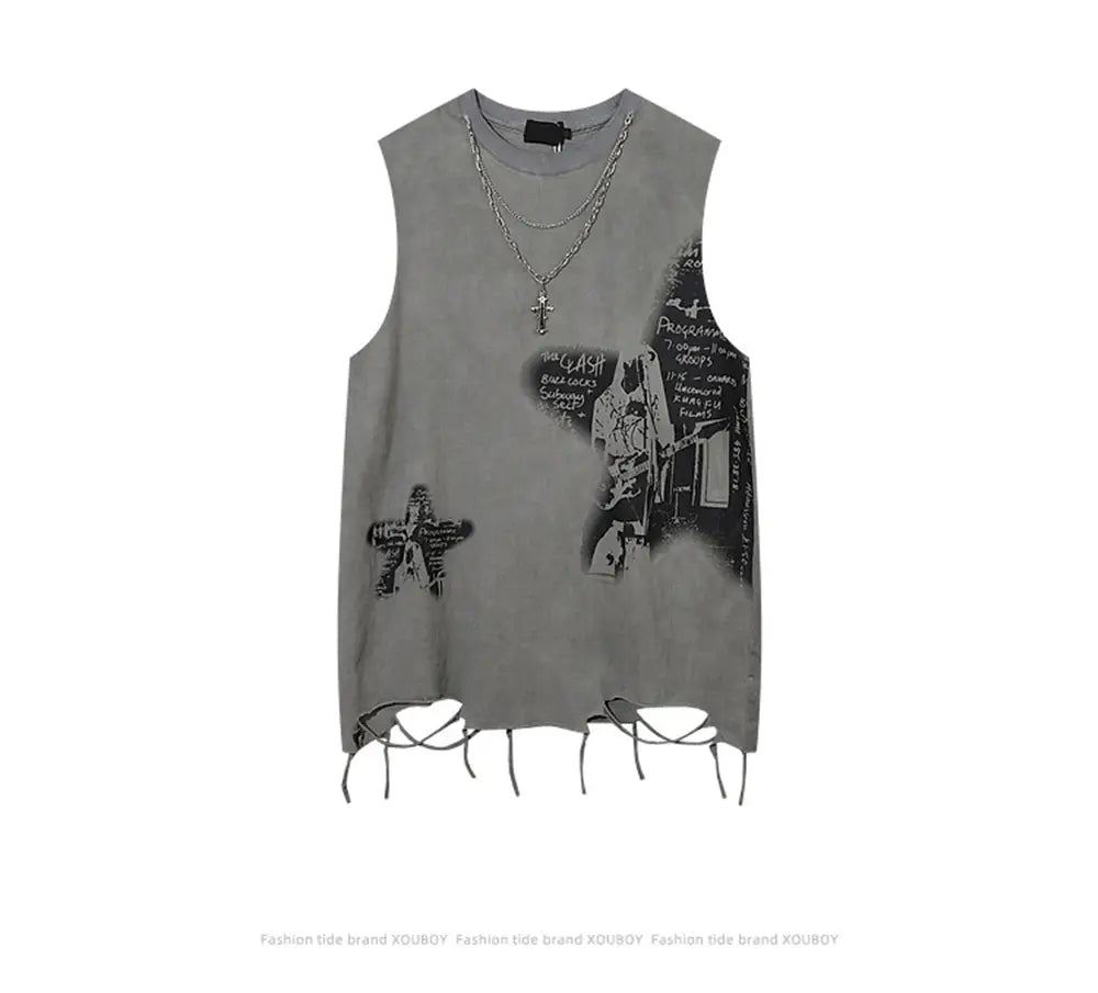 Hip Hop Fashion Tank Tops Men’s Graffiti Printed Necklace Sleeveless T-Shirt Ripped Hole Harajuku Dancing Tops Streetwear