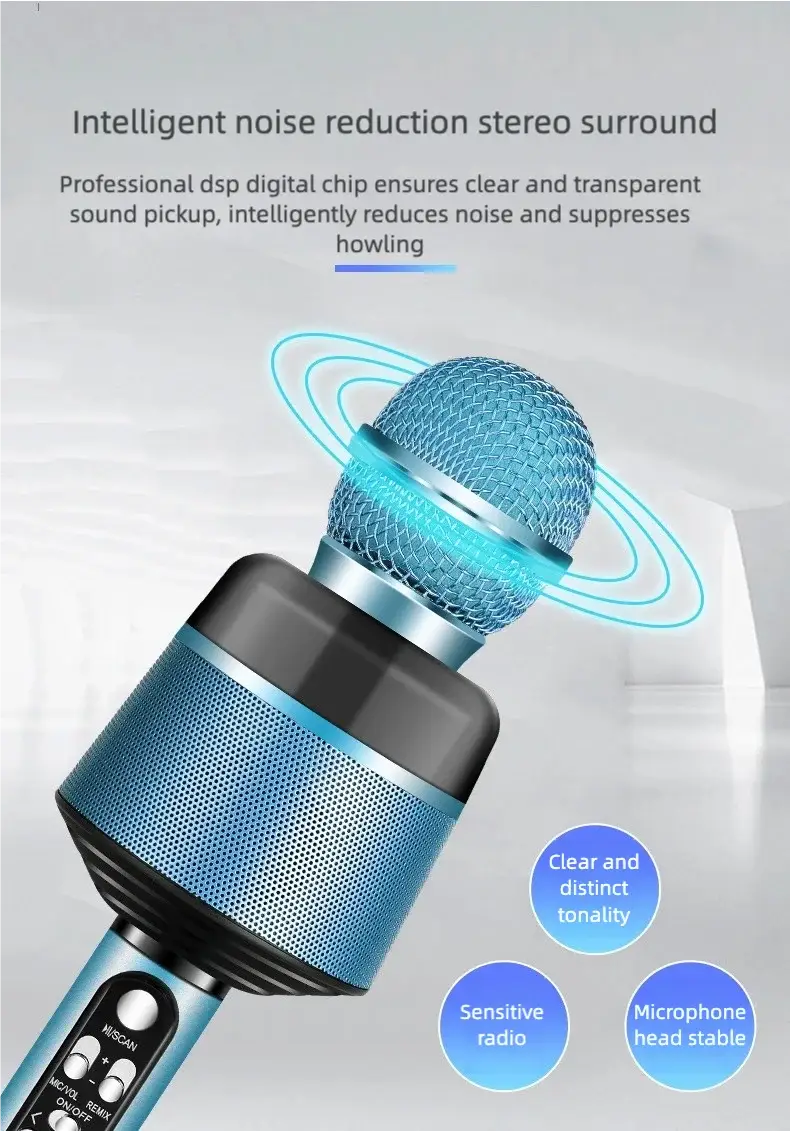 Wireless Bluetooth Karaoke Microphone 5-in-1 Portable Handheld Mic Speaker with Dynamic Lights Karaoke Microphone for Adults