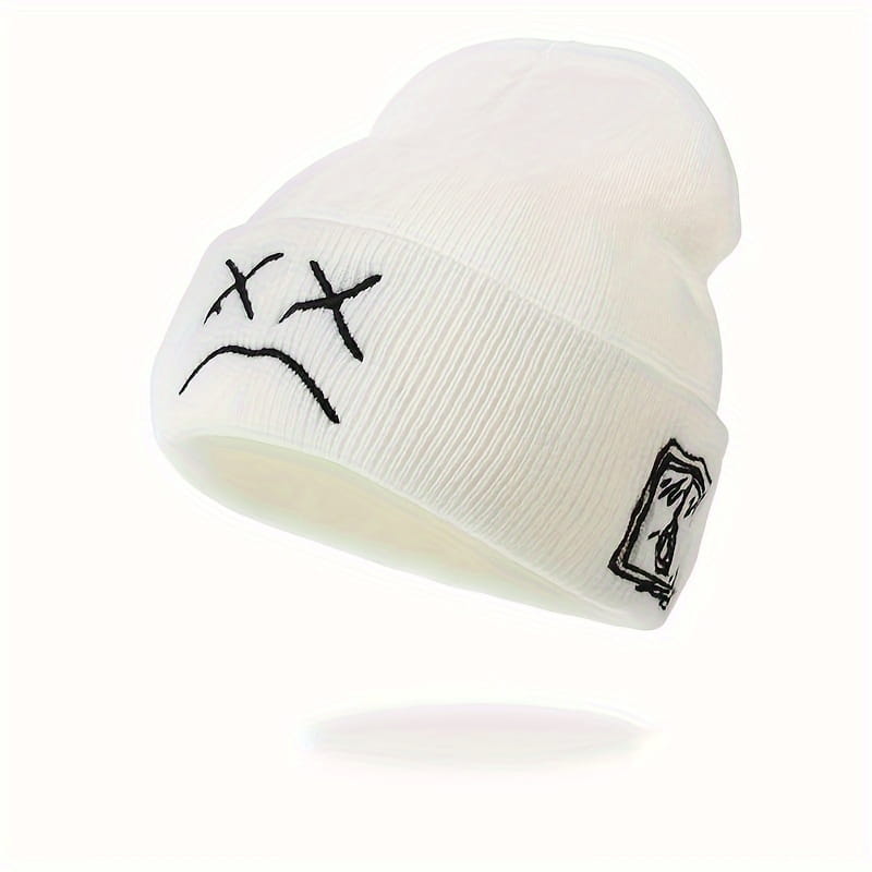 Sad face embroidered graphic brimless beanie fashionable black and white knitted hat casual hip-hop brimless hat