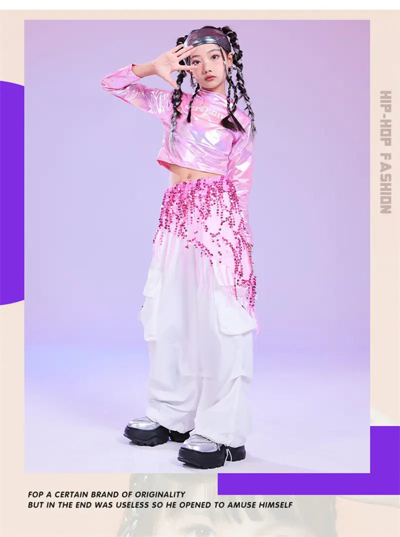 Pink Hip Hop Costume Girl Long Sleeve Laser Crop Top Shirt White Pant Sequin Hip Scarf Kids Stage Clothes Glitter Metallic Shiny