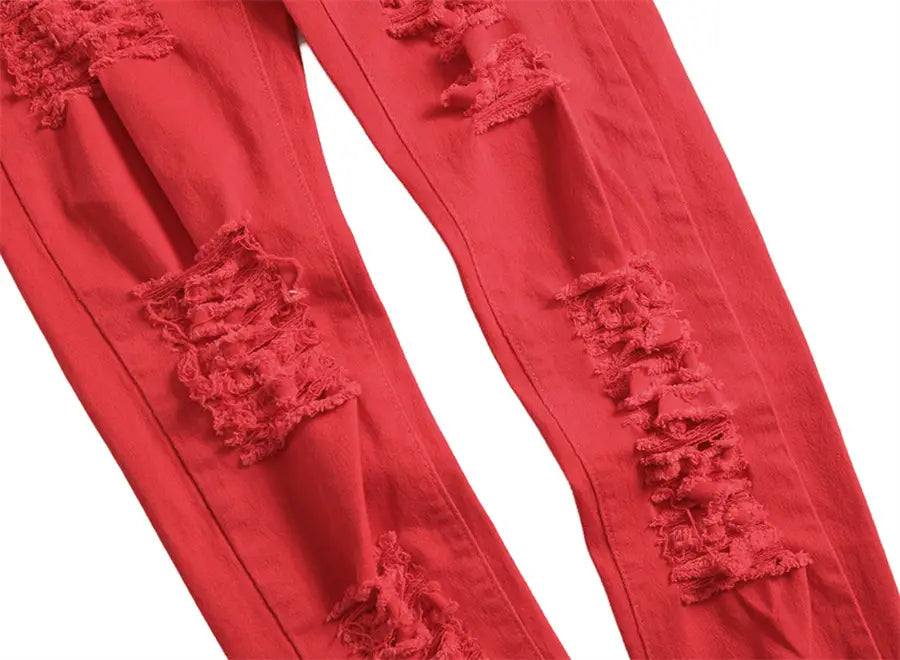 2026 New Men’s Casual Jeans Trendy Red Hip Hop Holes Slim Denim Pants Ripped Trousers Versatile Stretch Distressed Pants Male