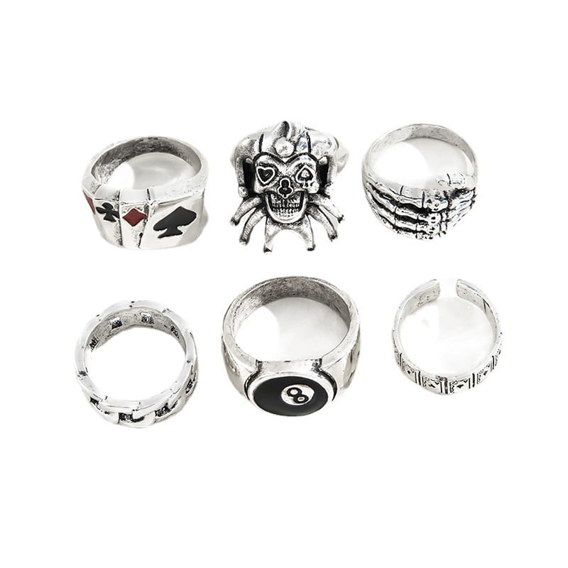 7pcs Set Punk Hip Hop Stainless Steel Men Ring Vintage Spider Bat Skull Two-headed Snake Opening Rings Jewelry Gothic Accesorios