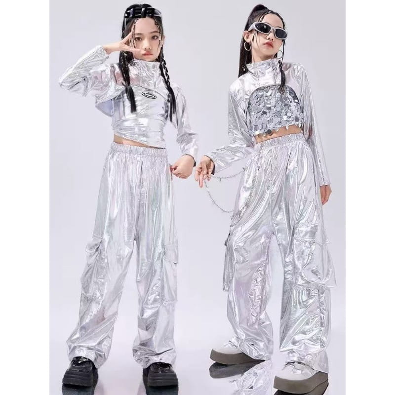 Hip-Hop Dance Clothes Reflective Rave Outfit Girl Sets Jazz Dancewear Festival Crop Tops Cargo Pants Catwalk Show Costume