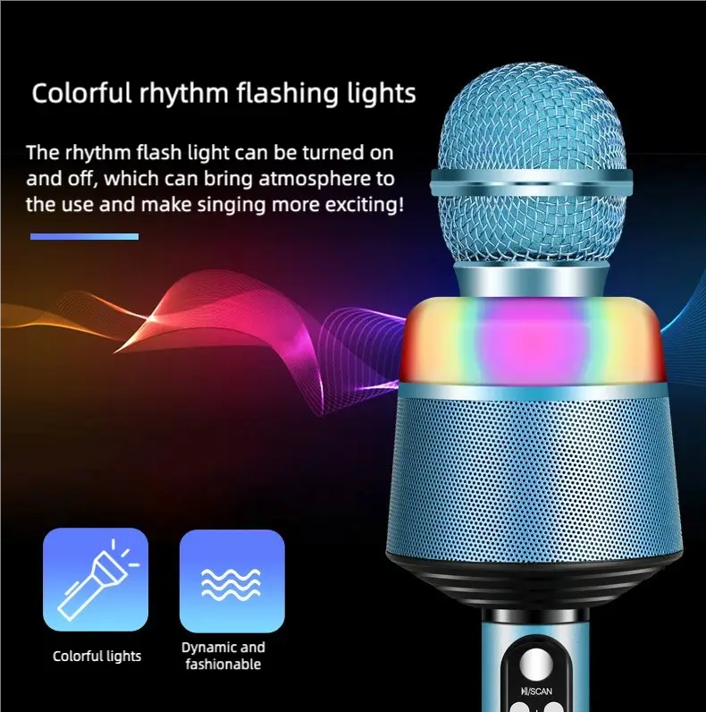Wireless Bluetooth Karaoke Microphone 5-in-1 Portable Handheld Mic Speaker with Dynamic Lights Karaoke Microphone for Adults
