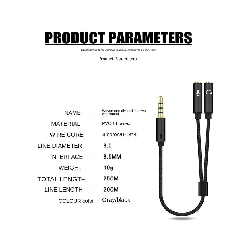 Headset Adapter Headphone Mic and Speaker Y Splitter Cable 3.5mm Audio Male to 2 Female For Earphone Extense Mobile Audio