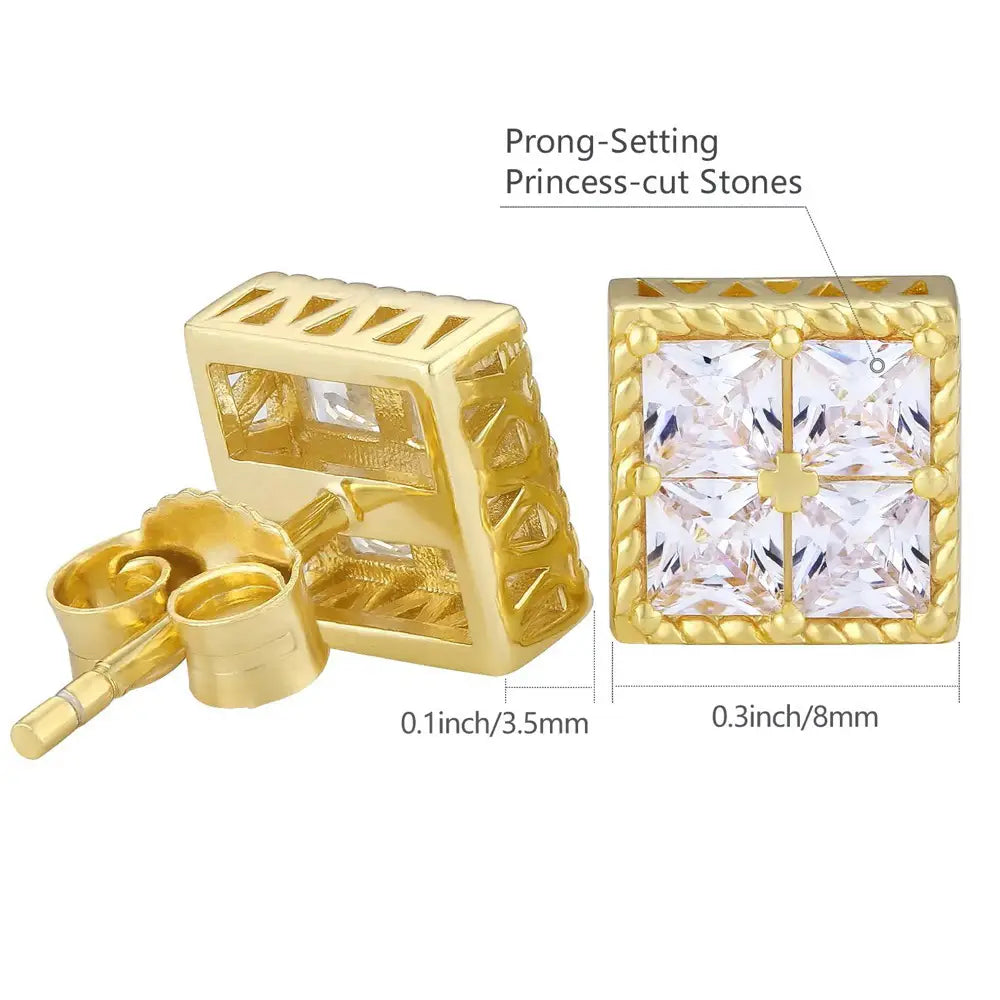 Hip Hop Square Rhinestone Stud Earrings For Men Women Geometric Luxury Shiny Micropavé Zircon Faux Color Stone Ear Studs Jewelry