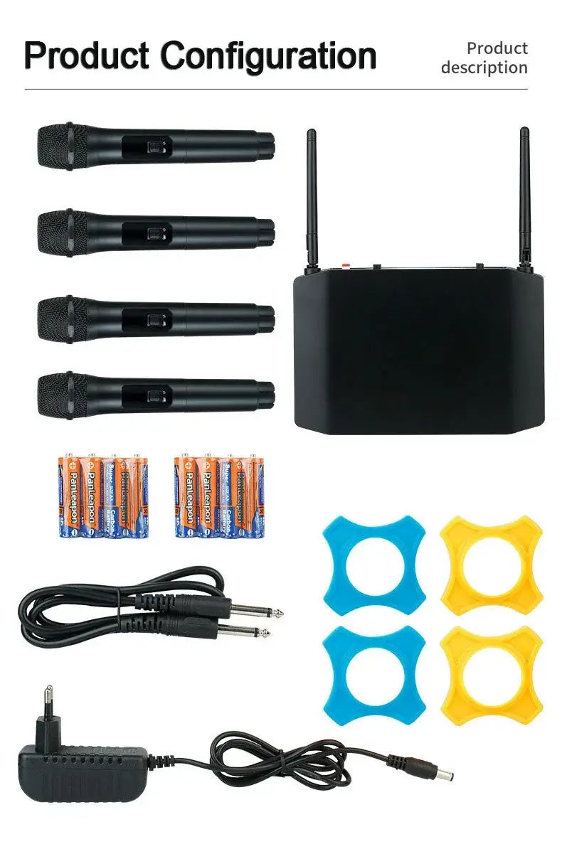 Professional VHF Wireless Microphone System 4 Channel Handheld Karaoke Microphone for Home Party Church Event PA TV Speaker