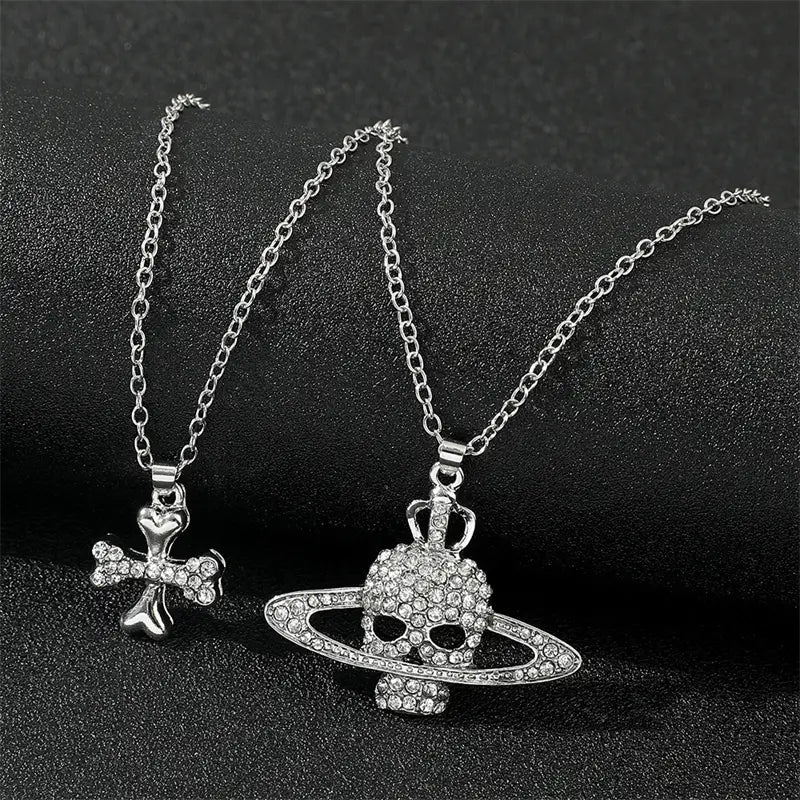 Rhinestone Skull Pendant Long Cross Chain Necklace Vintage Punk Goth Style for Women Men Unique Wholesale Jewelry Accessory