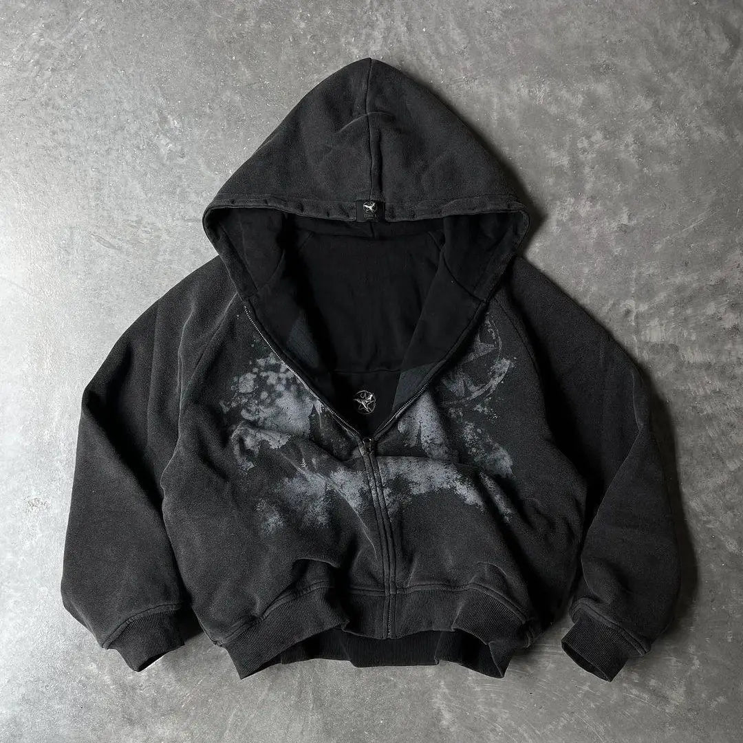 Y2k Gothic Punk Style Printed Star Spot Embroidered Zipper Hoodie Men and Women Fashion Harajuku Retro Oversized Bat Sleeve Top
