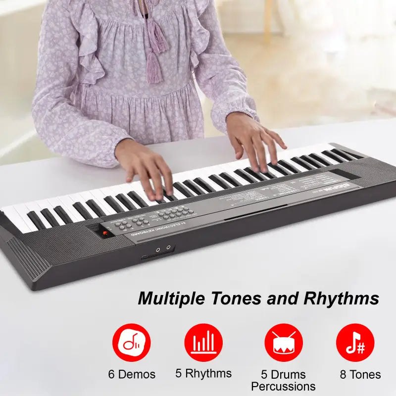 61 Key Mini Electronic Piano 8 Tones Rhythms Microphone Recording Dual Power Portable Keyboard for Beginners Kids