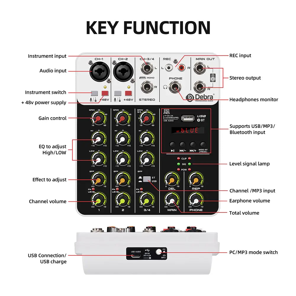 4/8 Channel Audio Mixer DJ Controller Sound Mixing Console With Bluetooth Phantom Power Delay Repaeat Effect For PC Recording
