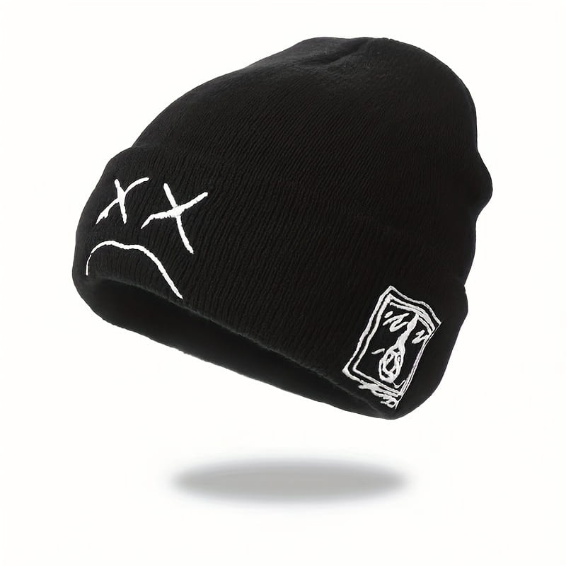 Sad face embroidered graphic brimless beanie fashionable black and white knitted hat casual hip-hop brimless hat
