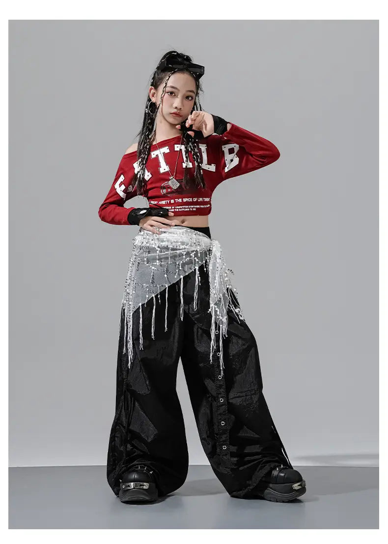 Hip Hop Girls Off Shoulders Crop Top Cargo Pants Kids K-pop Street Dance Clothes Set Children Girl Group Streetwear Teen Costume