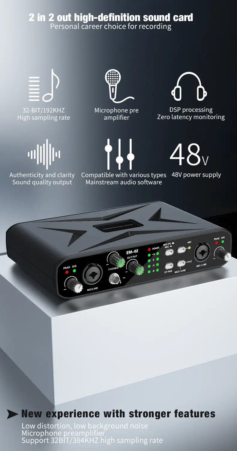 Sound Card Audio Mixer USB Audio Interface With Mic Preamplifier XLR/TSR/TS Ports 48V For Computer Recording Stream&Live Stream