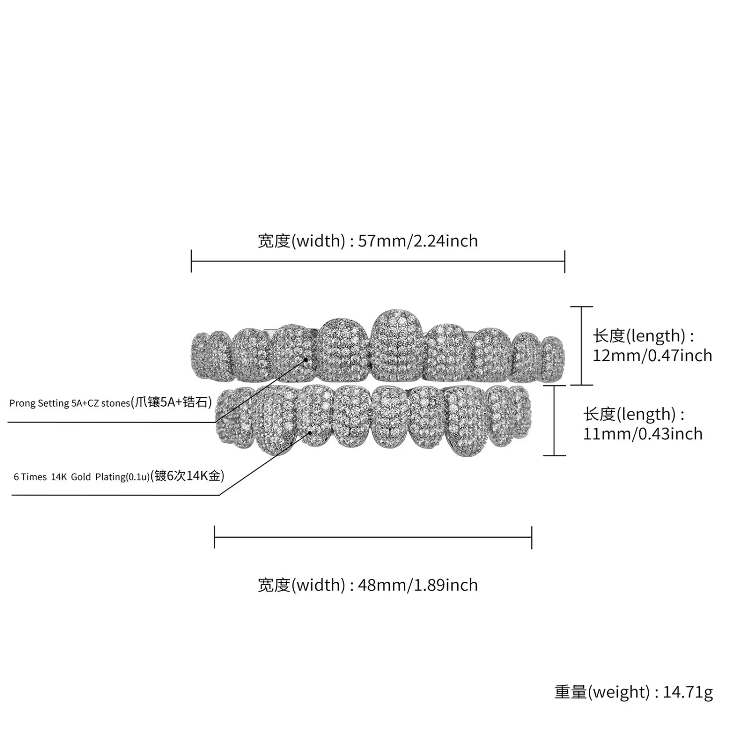 Hip pop Iced Out 10 Top &10 Bottom 5A CZ Stones Teeth Grillz Punk Rapper 14K Gold Plated Zircon Tooth Caps For Mouth Jewelry