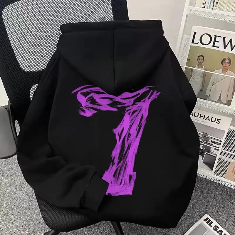 Autumn Hip Hop Fashion Printed Pullover Hoodies Men’s Letter 7 Fleece Oversized Sweatshirts Y2K Streetwear Hoody Clothes