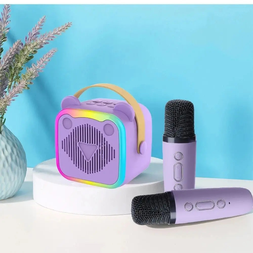 Portable Mini Karaoke Machine 3.5mm Earphone HIFI Surround Mini Home Karaoke Speaker Wireless Microphones RGB Lights