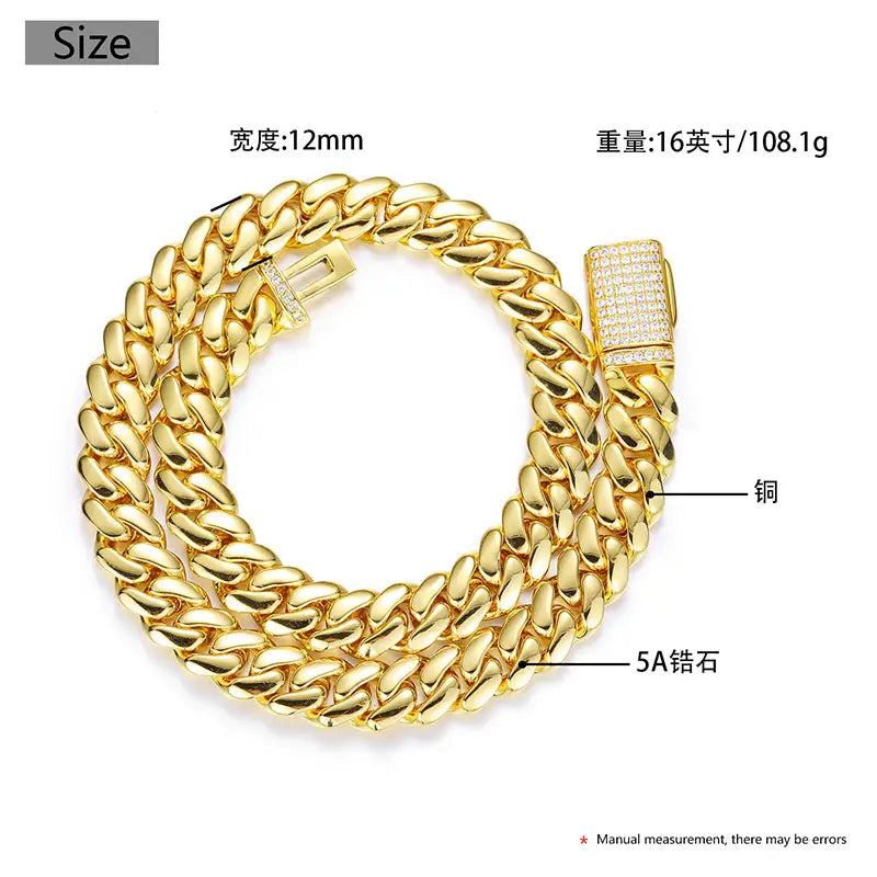 12-20mm wide Hip Hop Bling Iced Out Round Cuban Miami Link Chain Necklaces for Men Rapper Jewelry Gold Silver Color