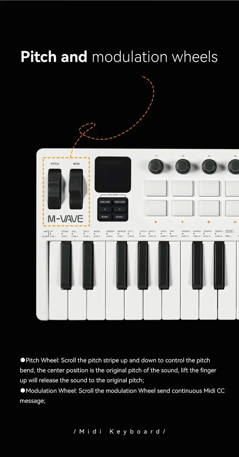 M-VAVE SMK-37 Pro 37-Key MIDI Controller White 16 RGB Pads 8 Knobs Built-in Synthesizer Portable Keyboard Digital Audio AMP