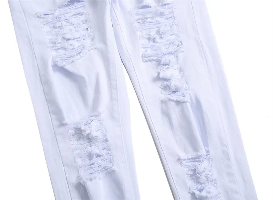 2026 New Men’s Casual Jeans Trendy Red Hip Hop Holes Slim Denim Pants Ripped Trousers Versatile Stretch Distressed Pants Male