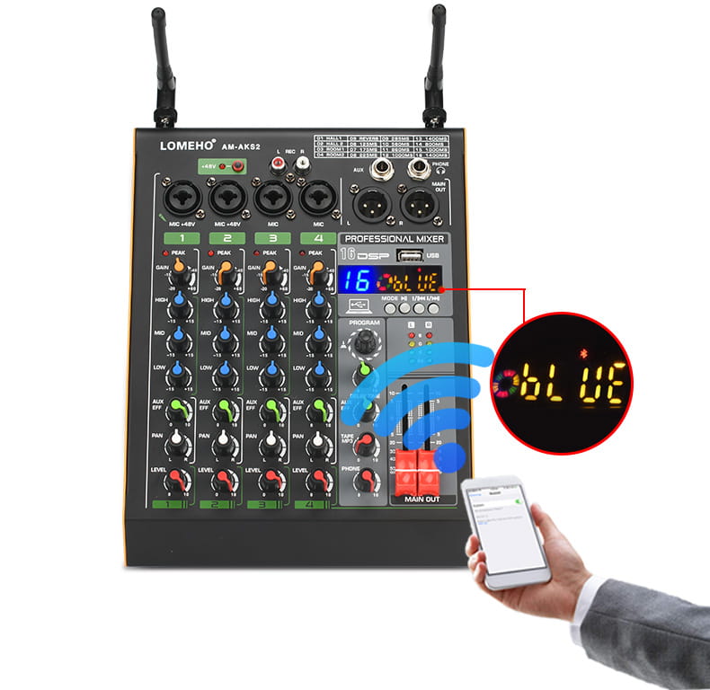 Professional 4 Channel Audio Mixer with UHF Wireless Microphone USB Bluetooth Karaoke System Sound Mixing Console LOMEHO AM-AKS2