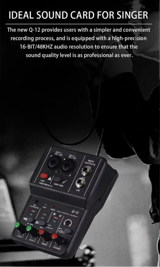 2 Channels Professional portable Audio Interface sound card console mini USB MIXER for Guitar Recording Studio Singing Q12