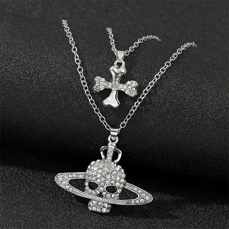 Rhinestone Skull Pendant Long Cross Chain Necklace Vintage Punk Goth Style for Women Men Unique Wholesale Jewelry Accessory
