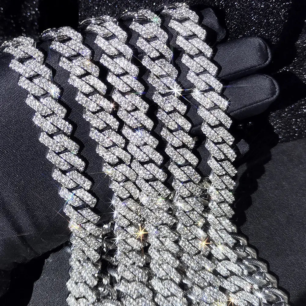 Hip Hop 14MM Prong Cuban Link Chain Necklace & Bracelet Iced Out Bling Cuban Chain Rhinestone Chains For Men Punk Rapper Jewelry
