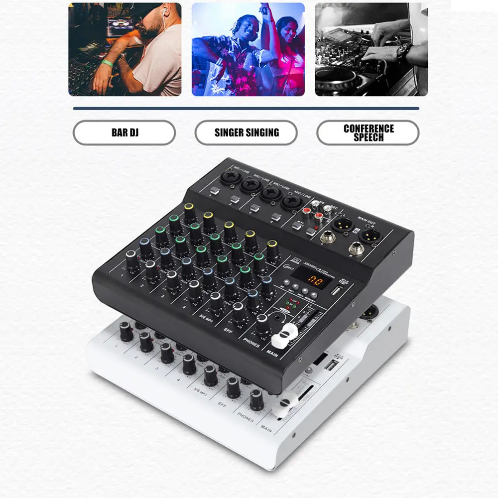 Professional 6 channel Audio mixer DJ karaoke Mixing Console With USB Interface Sound Card BT 48V for Karaoke Party PC Recording