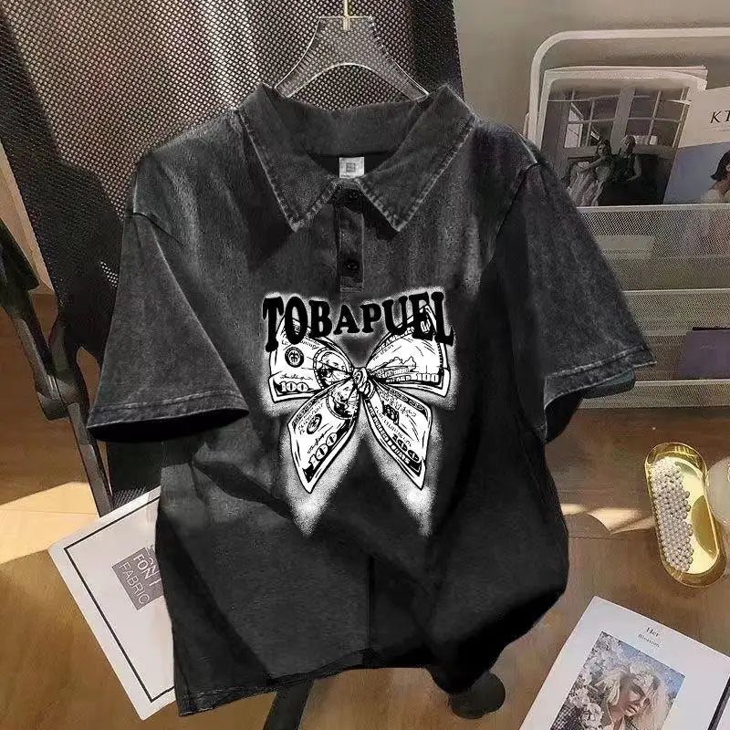 Hip Hop Graphics Print Short Sleeved T-shirt For Men Vintage Polo Collar Wash Tee Tops Summer Trendy Loose Tshirts Streetwear