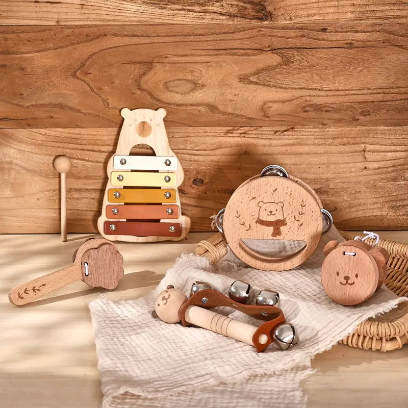 Baby Musical Toys Wooden Bear Rattle Bell Drum Xylophone Percussion Early Educational Instrument Playthings for Toddlers Kids