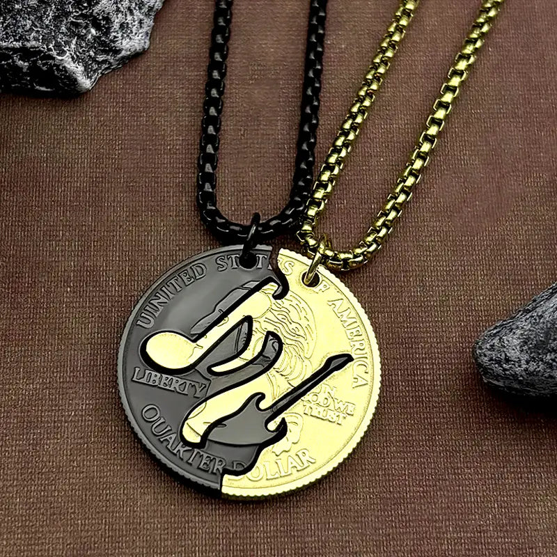 Hiphop US Quarter Dollar Music Couple Necklace For Women Men Stainless Steel Gold Color Electric Guitar Male Chain Jewelry Gifts