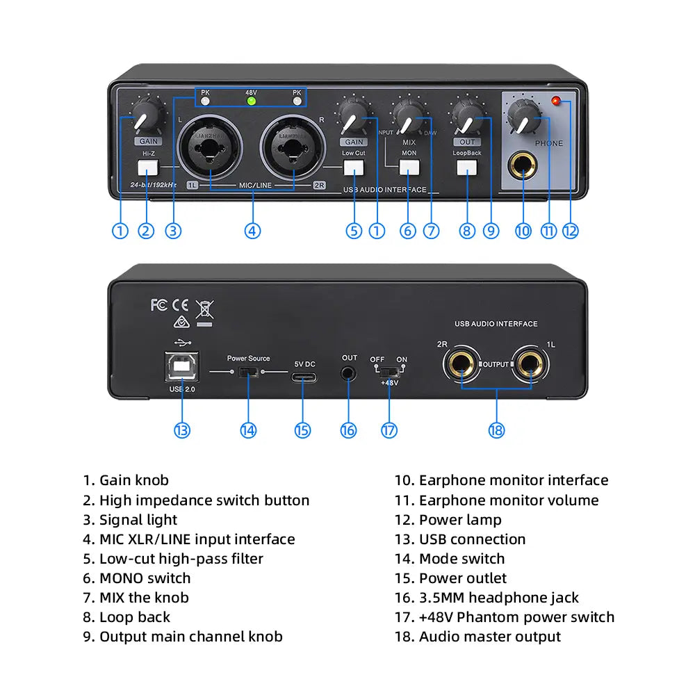MD22 Professional Audio Sound Card Monitor 24-bit/192KHz AD Converter for Electric Guitar Recording Studio Live Streaming