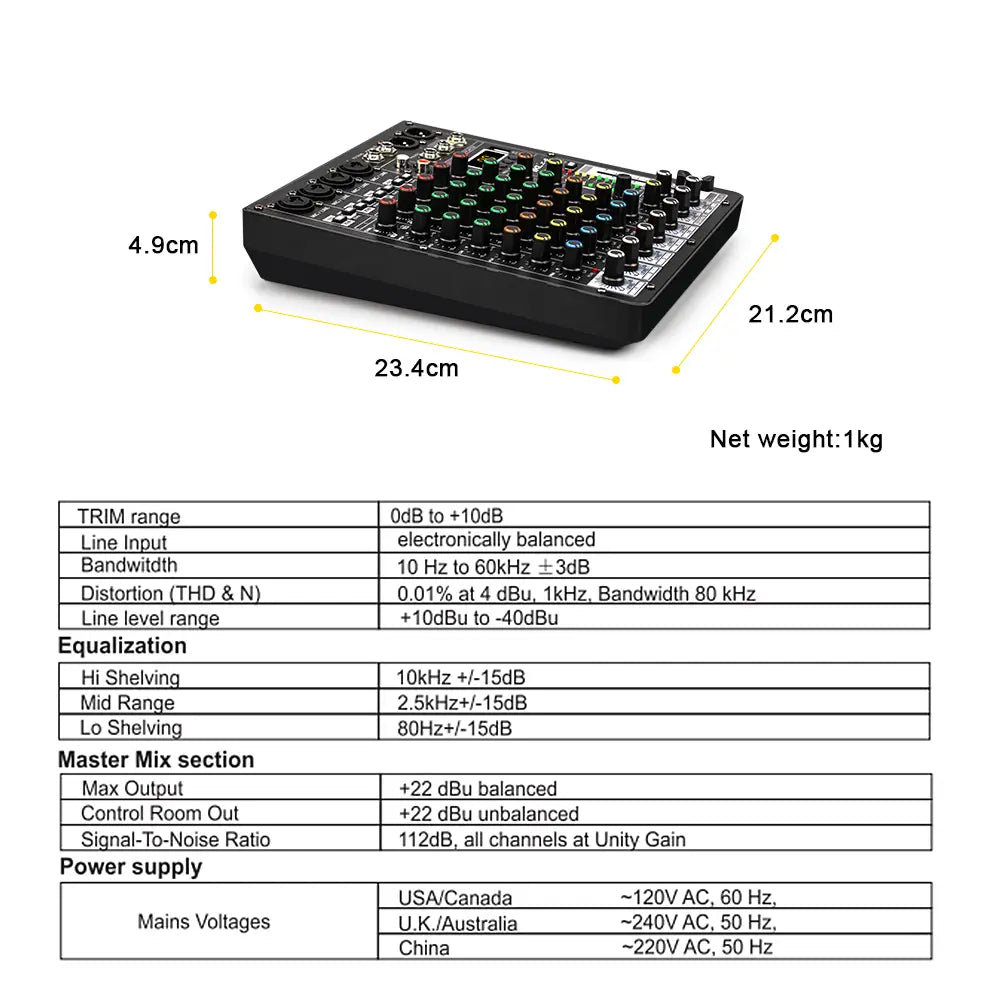 TKLBLS Professional 6-Channel 99DSP Audio Mixer 48V Phantom Power USB Studio Karaoke Bluetooth DJ Console Mixer