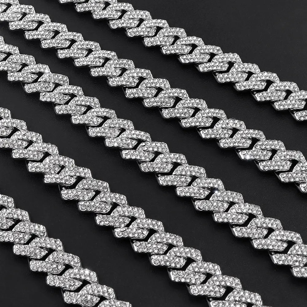 Hip Hop 14MM Prong Cuban Link Chain Necklace & Bracelet Iced Out Bling Cuban Chain Rhinestone Chains For Men Punk Rapper Jewelry