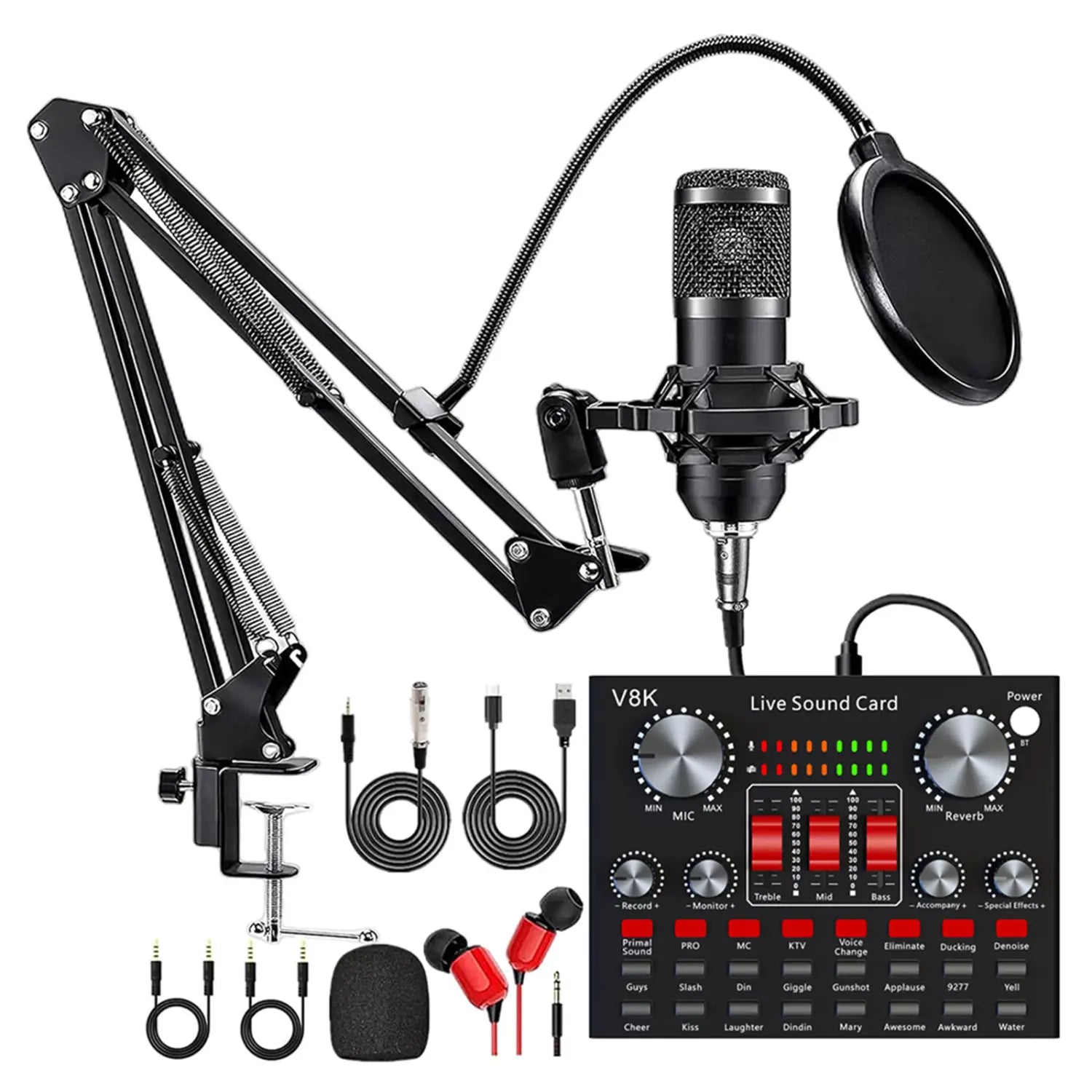 All-in-One Recording Studio Package Audio Mixer Podcast Equipment Bundle Voice Changer Microphone Kit for Live Streaming YouTube