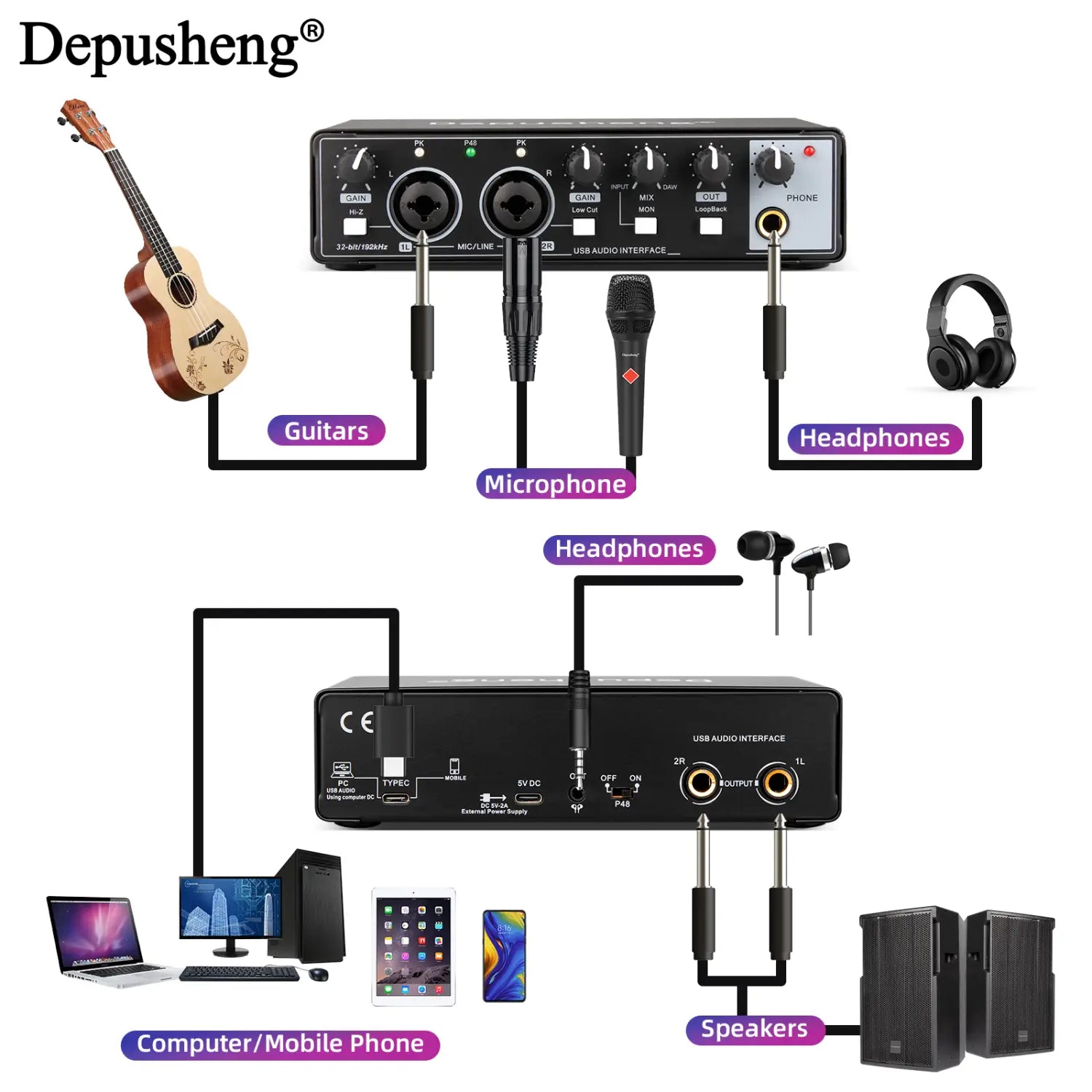 Audio Interface Depusheng MD22 USB 3.0 Sound Card with Monitoring Electric Guitar Live Recording For Studio Singing Micro